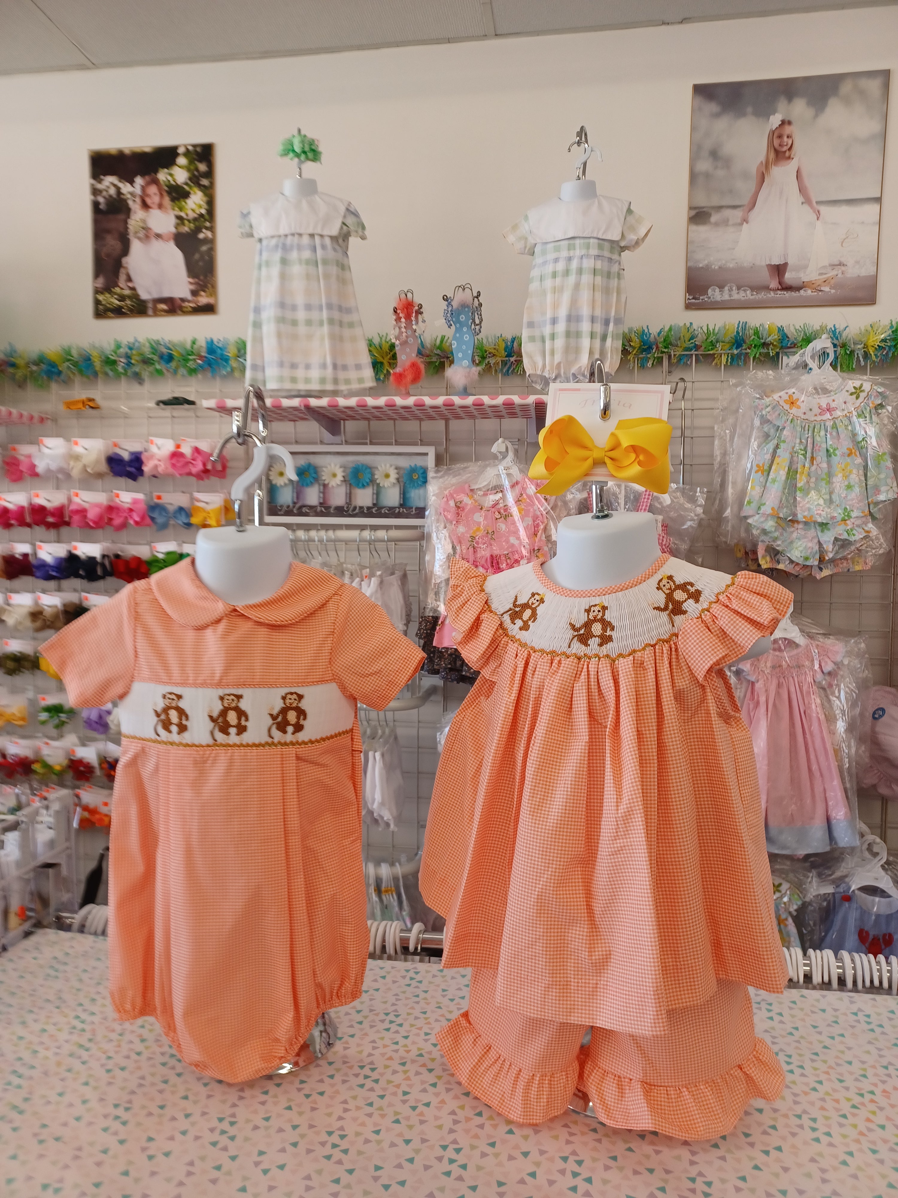 Boys hand smocked monkey bubble